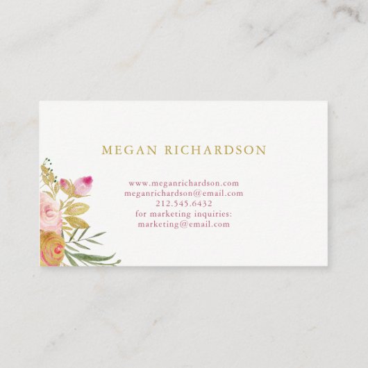Waterverf Blooms | Roze en goudbloemen Visitekaartje (Achterkant)