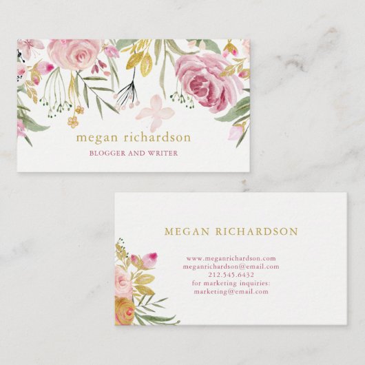 Waterverf Blooms | Roze en goudbloemen Visitekaartje (Voorkant / Achterkant)