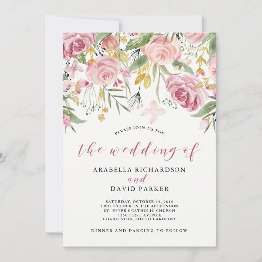 Waterverf Blooms | Roze en gouden bruiloft Kaart (Voorkant)