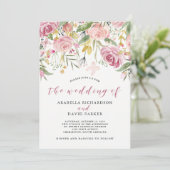 Waterverf Blooms | Roze en gouden bruiloft Kaart (Staand voorkant)