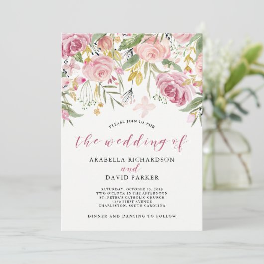 Waterverf Blooms | Roze en gouden bruiloft Kaart (Staand voorkant)