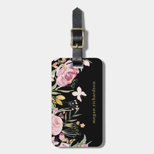 Waterverf Blooms | Roze en goudvlies op zwart Bagagelabel (Voorkant verticaal)