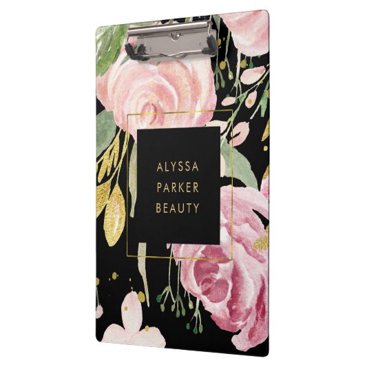 Waterverf Blooms | Roze en goudvlies op zwart Klembord (Links)