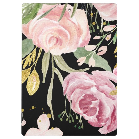 Waterverf Blooms | Roze en goudvlies op zwart Klembord (Achterkant)