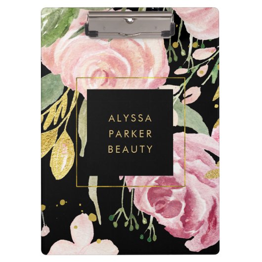 Waterverf Blooms | Roze en goudvlies op zwart Klembord (Voorkant)