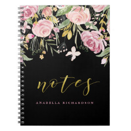 Waterverf Blooms | Roze en goudvlies op zwart Notitieboek