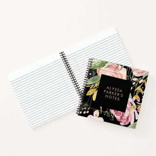 Waterverf Blooms | Roze en goudvlies op zwart Notitieboek (Binnen)