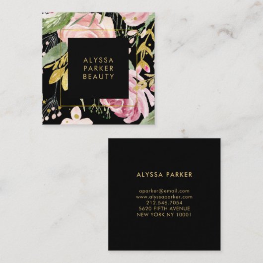 Waterverf Blooms | Roze en goudvlies op zwart Vierkante Visitekaartje (Voorkant / Achterkant)