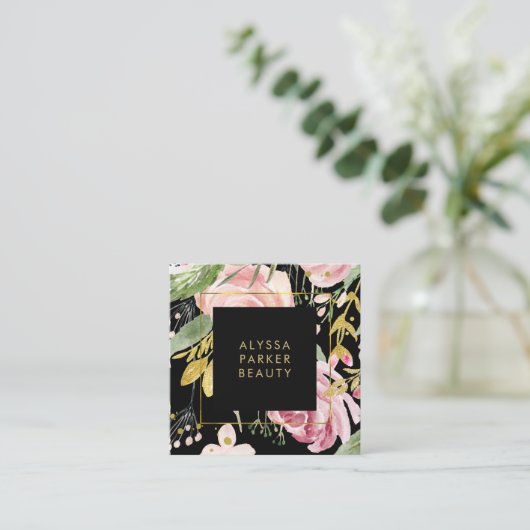 Waterverf Blooms | Roze en goudvlies op zwart Vierkante Visitekaartje (Staand voorkant)