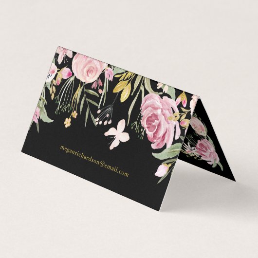 Waterverf Blooms | Roze en goudvlies op zwart Visitekaartje (Achterkant)