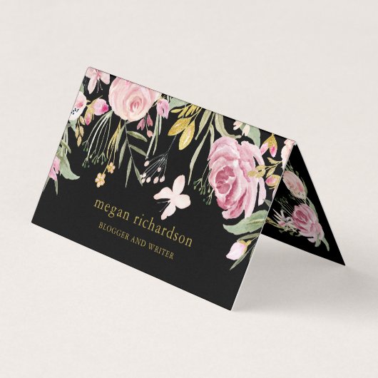 Waterverf Blooms | Roze en goudvlies op zwart Visitekaartje (Voorkant)