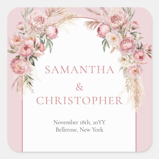Waterverf blos roze bloemetjes boho arch pampas vierkante sticker (Voorkant)