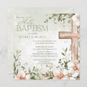 Waterverf blos roze bloemetjes houten kruisdoop kaart (Voorkant / Achterkant)