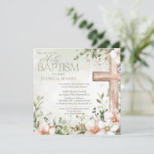 Waterverf blos roze bloemetjes houten kruisdoop kaart (Staand voorkant)