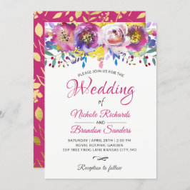 Waterverf Blossom Fuchsia Gold Floral Wedding Kaart