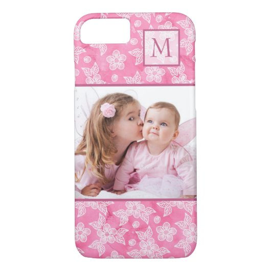 Waterverf Blossom Roze Monogram Foto Case-Mate iPhone Case (Achterkant)