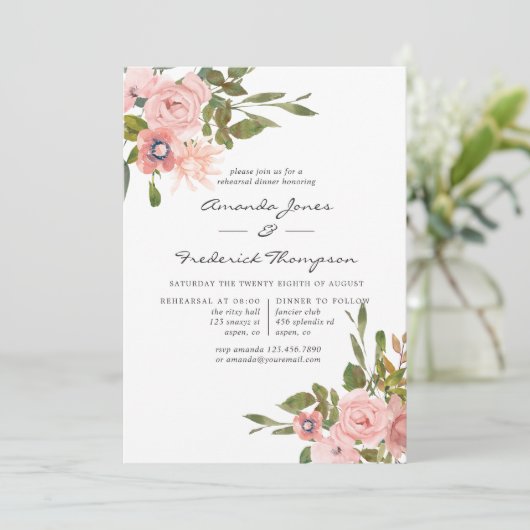 Waterverf blozen en goudrepetitie Diner Kaart (Staand voorkant)