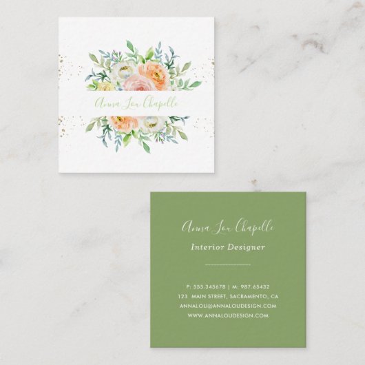 Waterverf blozen en groen vierkante visitekaartje (Voorkant / Achterkant)