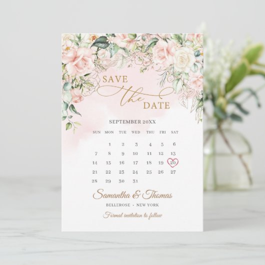 Waterverf blozen eucalyptus gouden kalender save the date (Staand voorkant)
