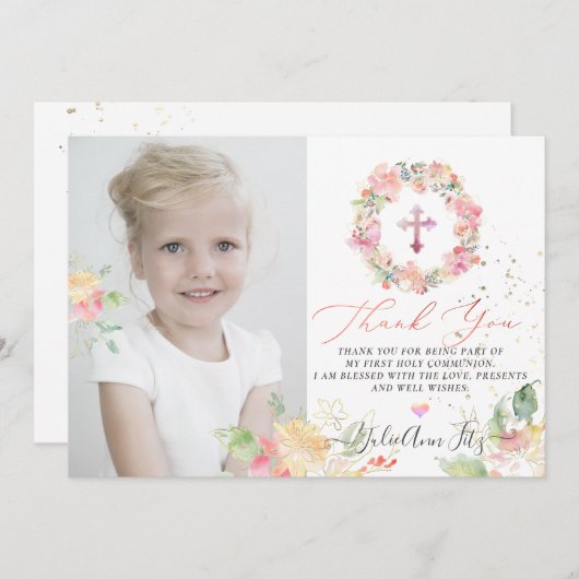 Waterverf Blozen Rozen Communie Dank u Kaart (Voorkant / Achterkant)