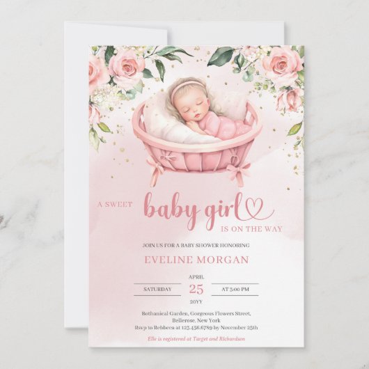 Waterverf blozen rozen eucalyptus slapen baby kaart (Voorkant)