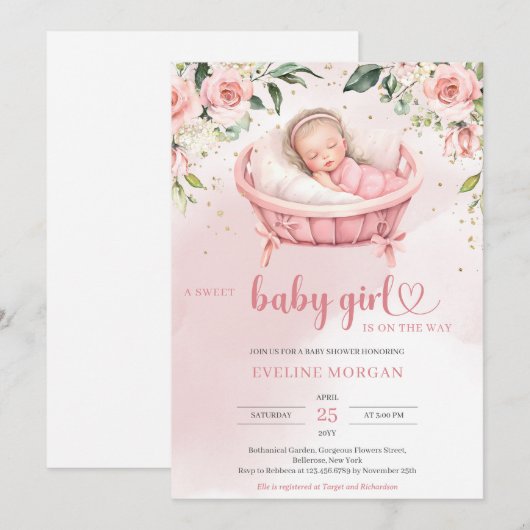 Waterverf blozen rozen eucalyptus slapen baby kaart (Voorkant / Achterkant)