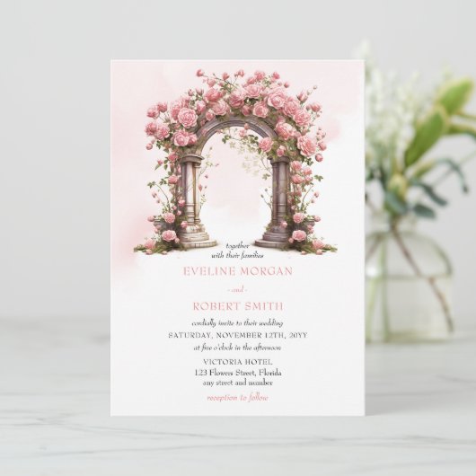 Waterverf blozen rozen rustieke trouwboog kaart (Staand voorkant)