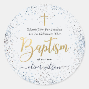 Waterverf Blue and Gold Boy Baptisme Hartelijk dan Ronde Sticker