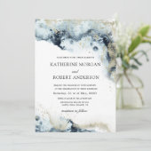 Waterverf Blue and Gold Minimalistic Wedding Invi Kaart (Staand voorkant)