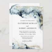 Waterverf Blue and Gold Minimalistic Wedding Invi Kaart (Voorkant / Achterkant)
