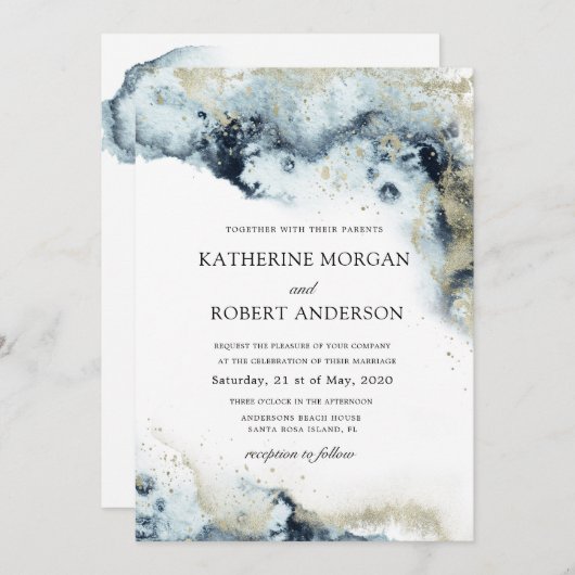 Waterverf Blue and Gold Minimalistic Wedding Invi Kaart (Voorkant / Achterkant)
