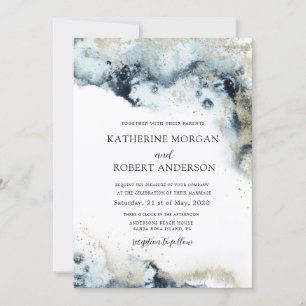 Waterverf Blue and Gold Minimalistic Wedding Invi Kaart