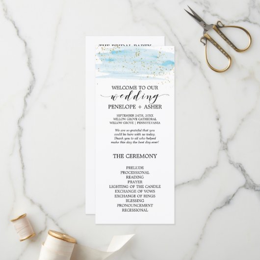Waterverf Blue and Gold Sparkle Wedding Program Programmakaart (Voorkant / Achterkant in situ)