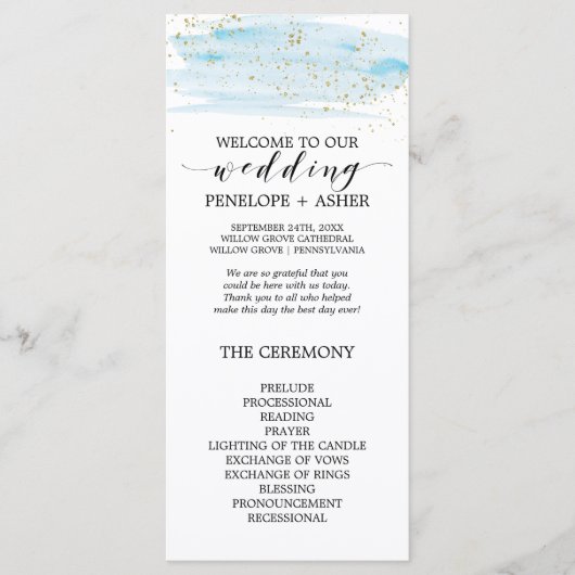 Waterverf Blue and Gold Sparkle Wedding Program Programmakaart (Voorkant)
