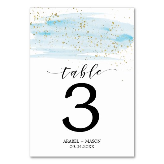 Waterverf Blue and Gold Wedding Table Number Kaart (Voorkant)