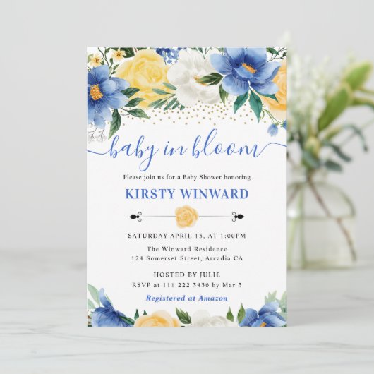 Waterverf Blue and Yellow Flowers Baby shower Kaart (Staand voorkant)