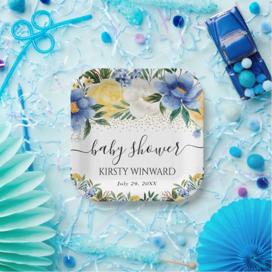 Waterverf Blue and Yellow Flowers Baby shower Papieren Bordje (Feest)