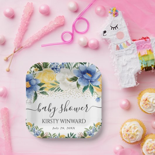 Waterverf Blue and Yellow Flowers Baby shower Papieren Bordje (Feest)
