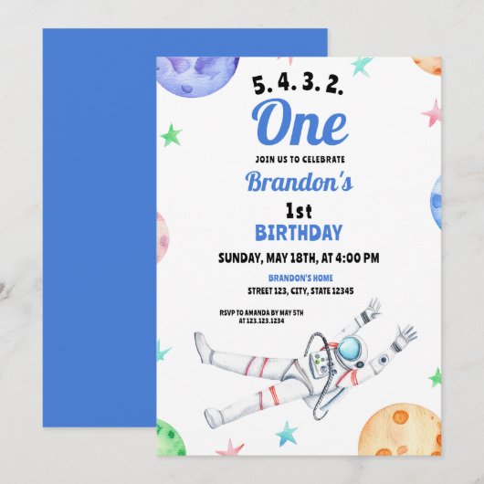 Waterverf Blue Astronaut Baby 1e verjaardag Kaart (Voorkant / Achterkant)