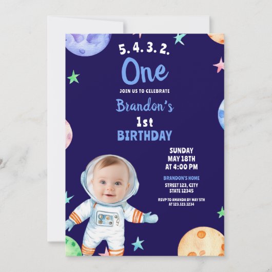Waterverf Blue Astronaut Baby Foto 1e verjaardag Kaart (Voorkant)