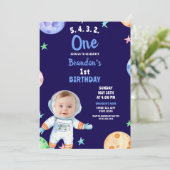 Waterverf Blue Astronaut Baby Foto 1e verjaardag Kaart (Staand voorkant)
