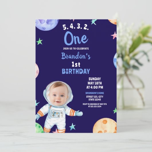Waterverf Blue Astronaut Baby Foto 1e verjaardag Kaart (Staand voorkant)