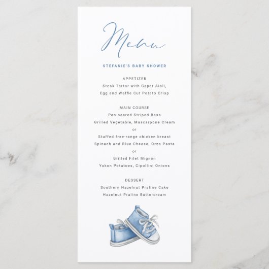 Waterverf Blue Baby Shoes Het is een Baby shower v Menu (Voorkant)