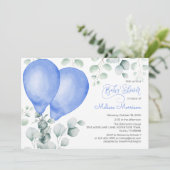 Waterverf Blue Ballons Schattige Gingham Baby show Kaart (Staand voorkant)