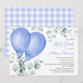Waterverf Blue Ballons Schattige Gingham Baby show Kaart (Voorkant / Achterkant)