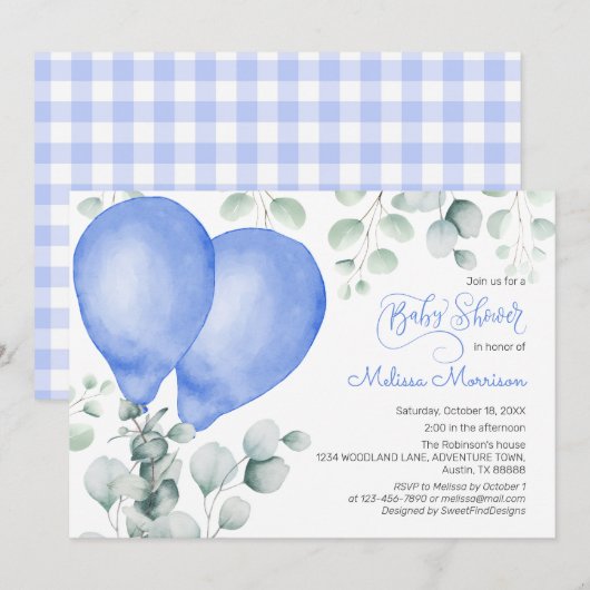 Waterverf Blue Ballons Schattige Gingham Baby show Kaart (Voorkant / Achterkant)