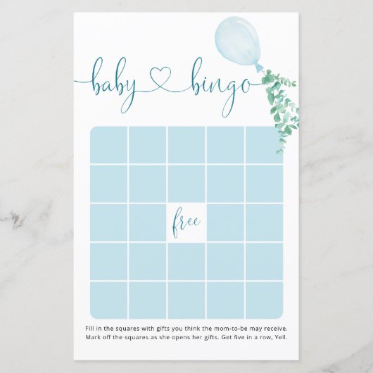 Waterverf Blue Balloon Baby shower Bingo Game (Voorkant)