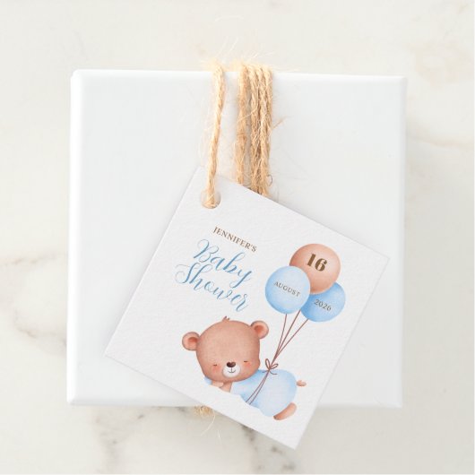 Waterverf Blue Balloon Teddy Bear Baby shower Bedankjes Labels (In situ)