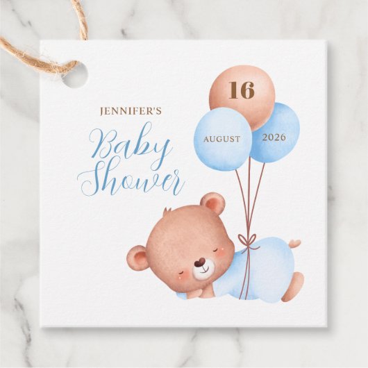 Waterverf Blue Balloon Teddy Bear Baby shower Bedankjes Labels (Voorkant)