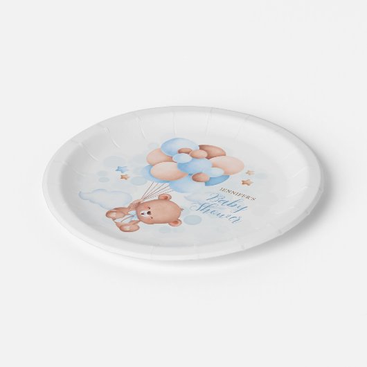 Waterverf Blue Balloons Teddy Bear Baby shower Papieren Bordje (Gekanteld)